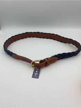 Kiel James Patrick Navy Braided Belt with Brown Leather and Brass Buckle